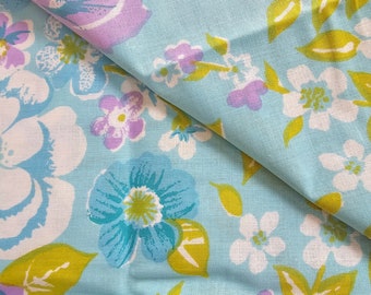 Vintage Pastell Mauve Blau Floral flaches Blatt New OldStock Unbenutzt Crisp Bettwäsche Stoff Nähen Angebot Cottage Kern 1970er Jahre
