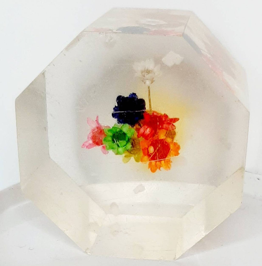 Vintage Dried Flower Resin Lucite Paperweight Ornament Octagon Clear