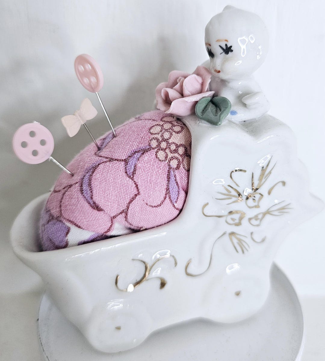Kitsch Baby Vintage Kitsch Baby on a Carriage Upcycled Pin Cushion Pink Roses ...