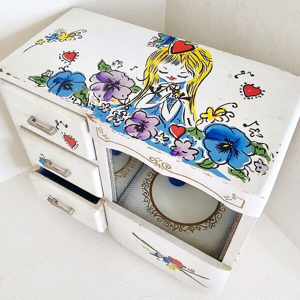 Vintage musical jewelry box Hand painted floral Dancing ballerina mirror Made in Japan bedroom decor storage drawers velvet lining