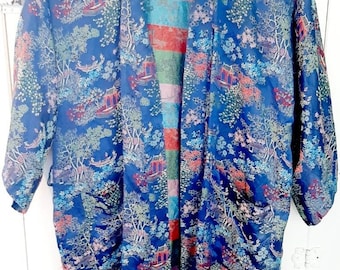 Vintage Blue brocade silk robe duster coat dressing gown pagoda willow tree embroidery pockets rainbow interior adult medium size 12 14
