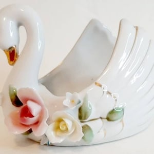 Vintage Ceramic Swan Planter pink rose floral Fairy Garden garden decor white porcelain gold details
