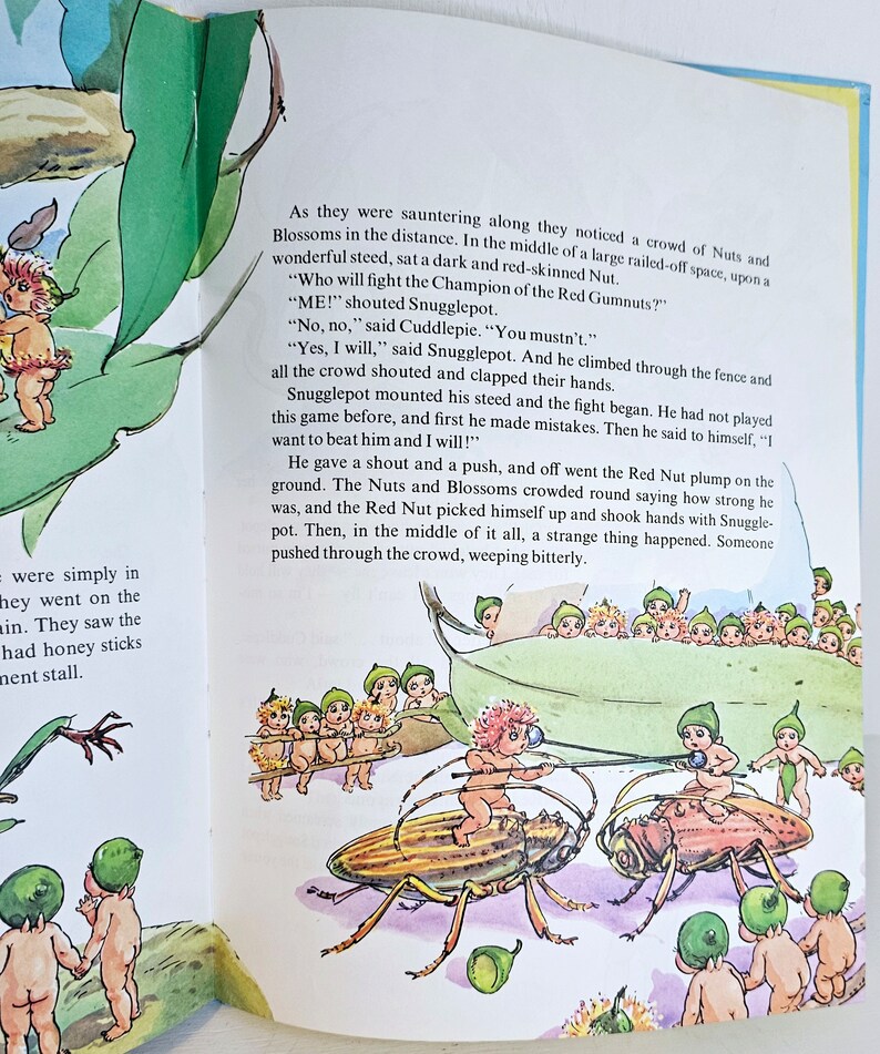 Puede incluir: Una ilustraci&oacute;n colorida de un libro infantil que presenta un grupo de peque&ntilde;as hadas aladas reunidas alrededor de un escarabajo grande. Las hadas llevan sombreros verdes y tienen mejillas rosadas. El escarabajo es marr&oacute;n y amarillo con rayas negras. El texto de la imagen dice: "&iquest;Qui&eacute;n luchar&aacute; contra el Campe&oacute;n de los Gumnuts Rojos?"