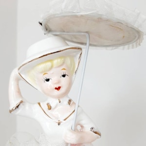 Vintage Napco Lefton style Blonde lady pink ruffle lace trim Dress Parasol figurine Ornament Kitsch 1950s decor