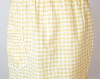 ヴィンテージ ハーフエプロン イエロー ギンガム スモッキング ポケット ホステス キッチュ 主婦 1960 年代 タイ ウエスト キッチン コテージ コア