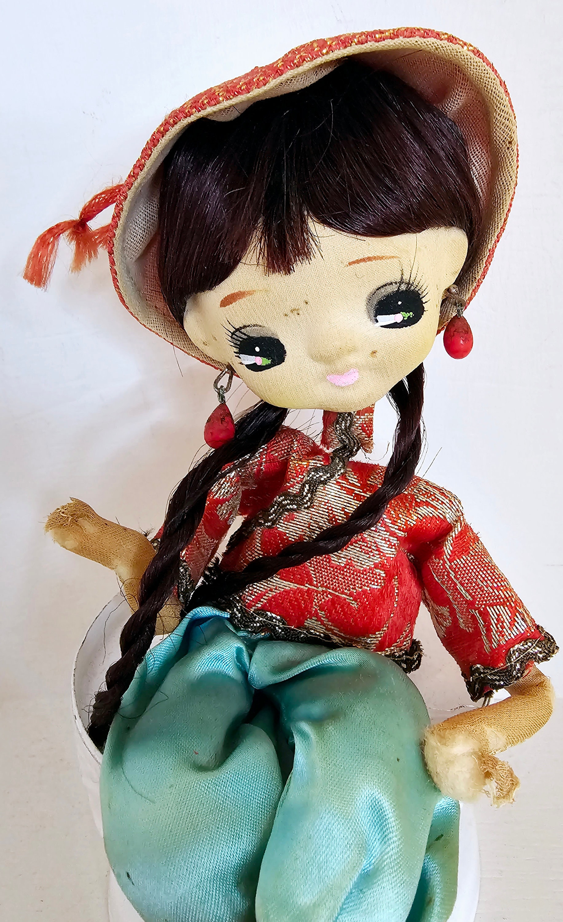 Vintage 1960s Pose Doll Red Mandarin Collar Silk Top Hat Scarf