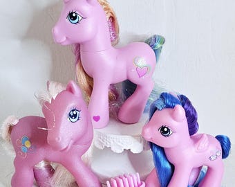 Vintage G3 My Little Pony Rarity Pinkie Pie Baby Mocha pegasus unicorn lot of 3 pink ponies heart balloon cutie marks Hasbro pink  hairbrush