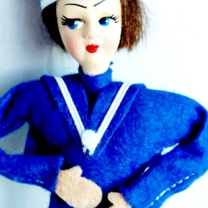 1950s Sailor Miniature Souvenir pose doll Aurelia Flavia ship hanging felt ornament Norah Wellings style doll Nautical History Hand Painted