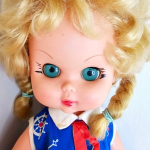 Vintage Perfekta Blonde Doll pigtails sleep eyes toddler 1960s jointed vinyl kitsch big eyes sailor dress