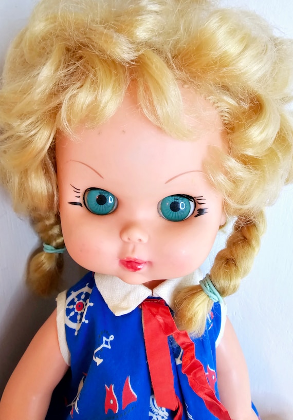 Vintage Perfekta Blonde Doll Pigtails Sleep Eyes Toddler 1960s Jointed Vinyl Kitsch Big Eyes Sailor Dress Etsy UK
