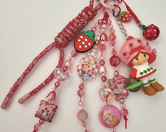 Kawaii Strawberry Shortcake & Other Characters Bag Charm , Beaded Keychain Accessory