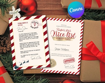 Puede incluir: Dos certificados navideños y regalos envueltos. Uno dice "From Santa's Office" y el otro "Super Star Nice List Certificate". Ambos tienen bordes a rayas rojas y blancas. Los regalos están envueltos en papel marrón con cintas rojas.