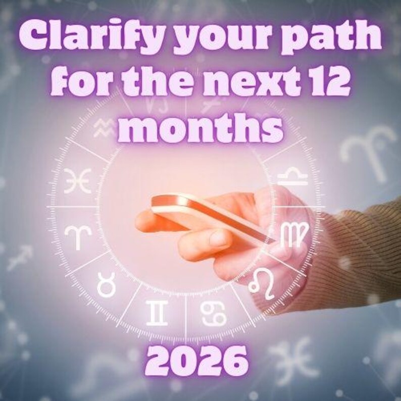 May include: Image with text "Clarify your path for the next 12 months" and "2026". A hand holds a smartphone in front of a glowing zodiac wheel. The background is a soft gradient of blues and purples.