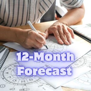 May include: A person is writing on a paper with astrological charts, with the text "12-Month Forecast" in a blue gradient font. The person is wearing a striped shirt. The image is taken from a top-down perspective.
