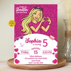 Birthday Invitation Pink Fashion Doll Birthday Party Invitation Girls Cute Doll Theme Invite for Party Instant Download Pink Evite Editable