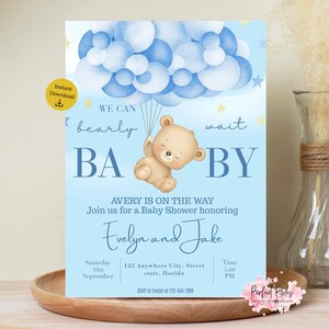 Editable Brown Bear Balloon Baby Shower Invitation Bundle, We Can Bearly Wait Baby Shower Invite, Blue Boy Boho Bear Baby Shower