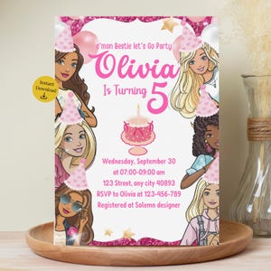 Birthday Invitation Pink Fashion Doll Birthday Party Invitation Girls Cute Doll Theme Invite for Party Instant Download Pink Evite Editable