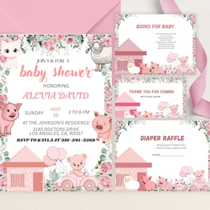 EDITABLE Farm Baby Shower Invitation Template Set, Barn Animals Baby Shower Invite, Ranch Girl Baby Shower, Floral Pink Barnyard