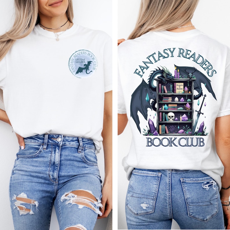 May include: White t-shirt with a round graphic on the front that says "Fantasy Readers Book Club Lifetime Member". The back of the shirt features a dragon, bookshelf, and the words "Fantasy Readers Book Club".