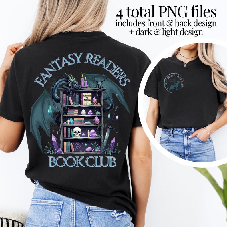 May include: Black t-shirt with a fantasy-themed design. The graphic features a dragon, a bookshelf with books, crystals, and a skull, and the text "FANTASY READERS BOOK CLUB". Includes front and back design.