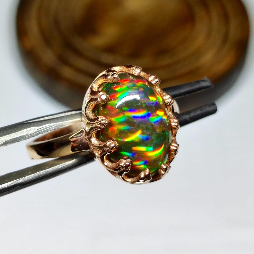 Natural Black Opal Ring+ 10k Solid Gold Ring+ Stackable Ring+ Handmade ...