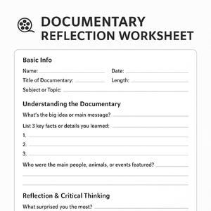 Puede incluir: Una hoja de trabajo en blanco y negro titulada "Documentary Reflection Worksheet". Incluye secciones para información básica, comprensión del documental y reflexión y pensamiento crítico. Ayuda a analizar documentales.