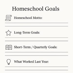 May include: A cream-colored printable with the title "Homeschool Goals" in a black serif font. The page includes prompts for a homeschool motto, long-term goals, short-term goals, what worked last year, changes, and excitement.