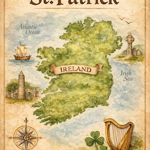 May include: Watercolor map of Ireland with the text "The Real St. Patrick." Features include a compass rose, a harp, shamrocks, and a sailing ship. The map is surrounded by decorative Celtic knot borders.