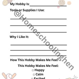 Peut inclure: Une feuille de travail blanche intitulée "My Hobby Is..." avec des sections à remplir pour les détails du passe-temps. Comprend des illustrations de pièces de monnaie, de boutons, d'une batte et d'une balle de baseball et d'un appareil photo. Des cases à cocher pour les émotions sont également présentes.
