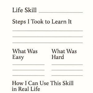 May include: A white notebook page with the teal text "LIFE SKILLS" at the top. Below, prompts include "Life Skill," "Steps I Took to Learn It," "What Was Easy," "What Was Hard," and "How I Can Use This Skill in Real Life."
