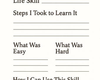 May include: A white notebook page with the teal text "LIFE SKILLS" at the top. Below, prompts include "Life Skill," "Steps I Took to Learn It," "What Was Easy," "What Was Hard," and "How I Can Use This Skill in Real Life."