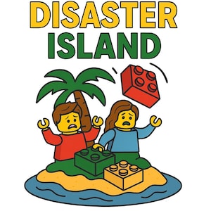 Puede incluir: Ilustración de dibujos animados titulada "Disaster Island" con dos figuras estilo Lego en una pequeña isla con una palmera. Las figuras parecen angustiadas mientras cae un ladrillo Lego rojo. El texto "by HomeschoolingHen" está en la parte inferior.