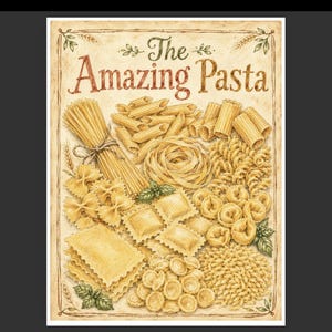 Puede incluir: Una lámina decorativa rectangular con el texto The Amazing Pasta en letras marrones. La ilustración muestra varios tipos de pasta beige, incluyendo espaguetis, penne, farfalle, raviolis y tortellini, acentuados con pequeñas hojas de albahaca verdes.