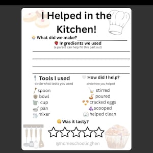 May include: A white and black printable worksheet titled "I Helped in the Kitchen!" with sections for ingredients, tools, and how the user helped. Includes a chef's hat graphic and a muffin illustration.