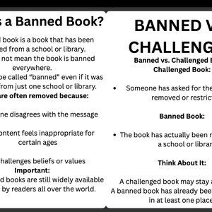May include: Informative graphic explaining the difference between a banned and challenged book. The text highlights reasons for book removal, such as disagreement with the message or inappropriate content for certain ages.