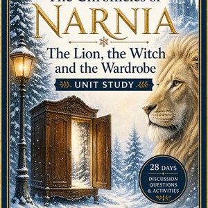 May include: A book cover for "The Chronicles of Narnia: The Lion, the Witch, and the Wardrobe." The cover features a lion, a wardrobe, and a snowy landscape. Text includes "Audiobook Based" and "Unit Study."