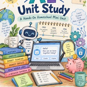 Könnte beinhalten: Ein farbenfrohes Lehrplakat mit dem Titel AI Unit Study A Hands-On Homeschool Mini Unit. Es zeigt einen Cartoon-Roboter, einen Laptop mit einer Chat-Oberfläche, einen Bücherstapel, ein Sparschwein und einen Notizblock mit einer Checkliste.