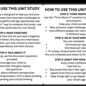 May include: A white and black educational guide titled "How to Use This Unit Study" with instructions for parents and children. The guide includes steps for reading, discussion, and adapting the study to the child's needs.