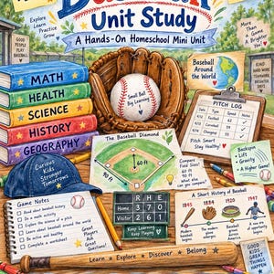 May include: A Baseball Unit Study educational resource featuring a brown leather glove, a white baseball with red stitching, a blue cap, a wooden bat, and various illustrated papers including a pitch log, a baseball diamond, and history timeline.