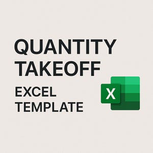 Könnte beinhalten: Das Bild zeigt den Text "QUANTITY TAKEOFF EXCEL TEMPLATE" in fetter, schwarzer Schrift. Ein grünes und weißes Excel-Logo befindet sich unten rechts. Der Hintergrund ist hellbeige.