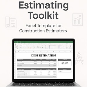 Könnte beinhalten: Ein Laptop mit einer Kostenkalkulations-Tabelle. Der Bildschirm zeigt eine Tabelle mit Spalten für Menge, Einheit, Einzelkosten und Gesamtbetrag. Der Text "Civil Estimating Toolkit" und "Excel Template for Construction Estimators" sind sichtbar.