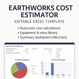 May include: An editable Excel template titled "Earthworks Cost Estimator." The image displays a summary dashboard with charts, automatic cost calculations, and an equipment & rates library. The template includes cost breakdowns by category and soil type.