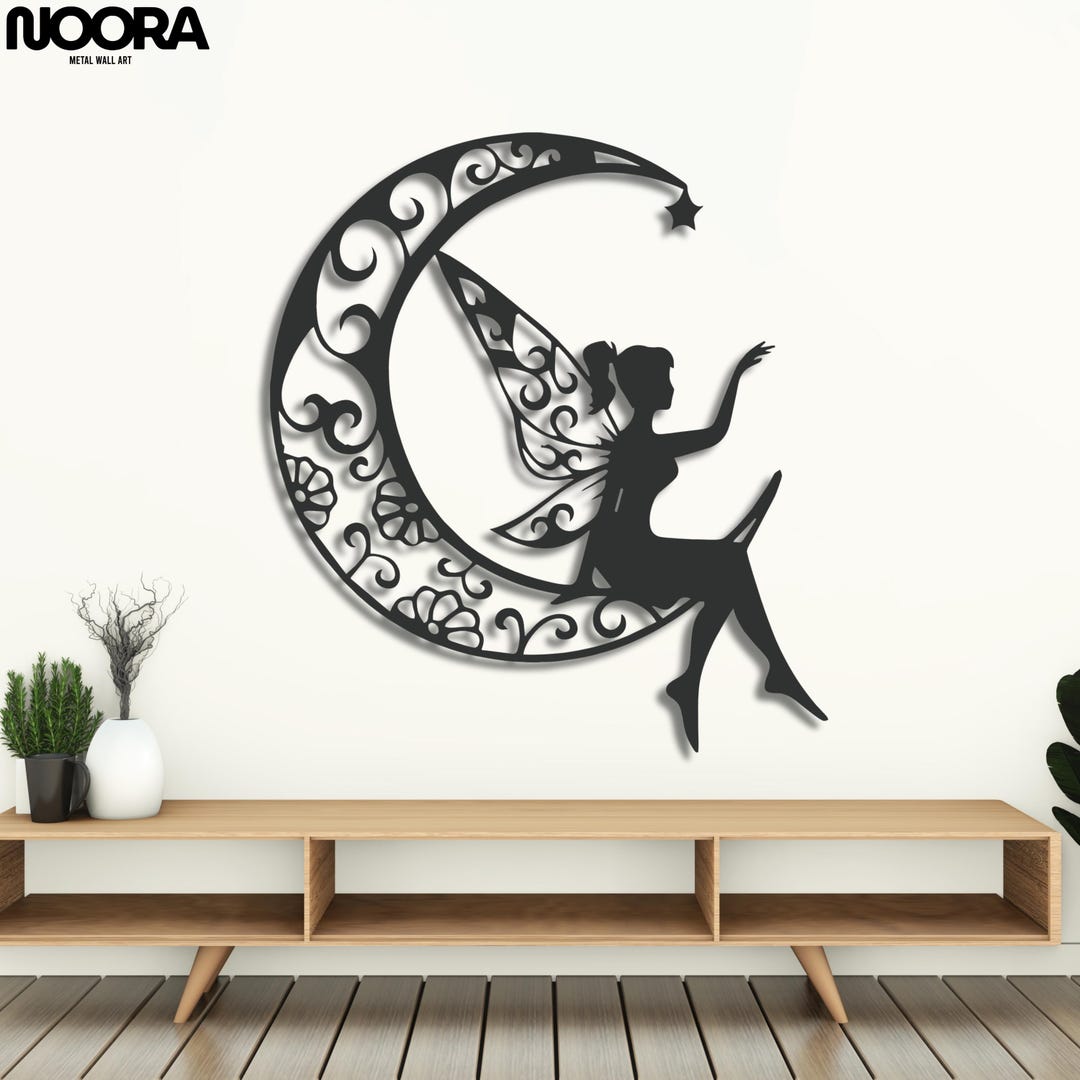 Fairy on Moon Metal Wall Art: Cottagecore Whimsical Decor - Etsy
