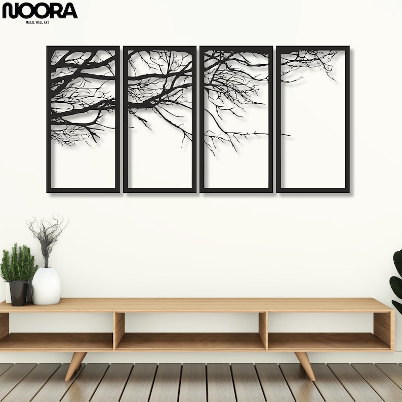 Four Panel Tree Branch Metal Wall Art: Modern Minimalist Sculpture - Etsy