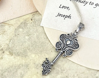 Art Nouveau Sterling Silver Key Necklace, Personalized Love Letter Gift