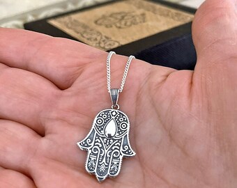 Unique Ethnic Hamsa Hand Necklace, Ethical recycled 925 sterling silver. Jewish jewelry gift idea