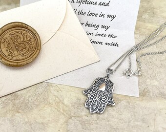 Unique Ethical Hamsa Hand Necklace, recycled 925 sterling silver, with your Personalized Love Letter