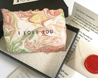 Artsy gift idea for husband/wife who has it all. Personalized letter & handcrafted marbled card. Sentimental gift for hard-to-buy woman/man