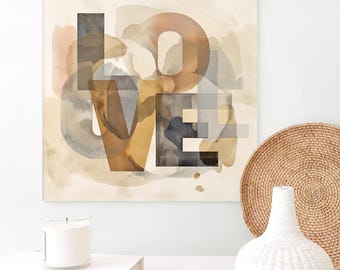 LOVE Wall Art Canvas, Abstract Earth Tone Word Artwork, Neutral Japandi Decor