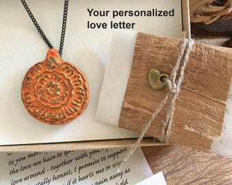 Sentimental fall wedding anniversary gift for wife. Sustainable one of a kind orange paper necklace & Your personalized love letter